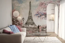 Fototapeta: Malowany krajobraz paryża z kwiatami wiśni