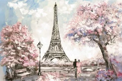 Fototapeta: Malowany krajobraz paryża z kwiatami wiśni