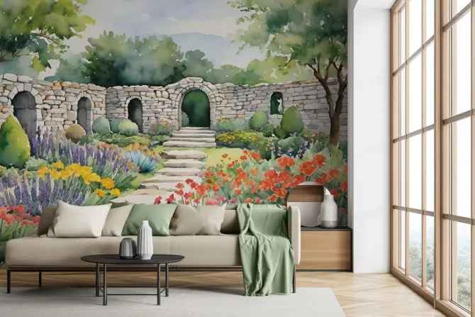 Fototapeta: Malowany krajobraz ogrodu z kolorowymi kwiatami