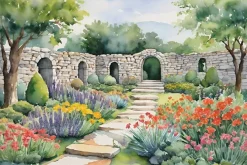 Fototapeta: Malowany krajobraz ogrodu z kolorowymi kwiatami