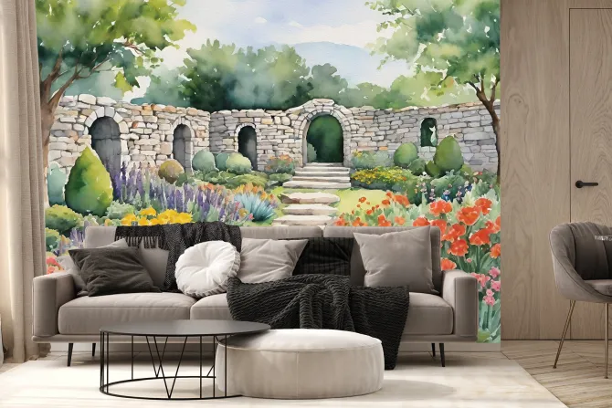 Fototapeta: Malowany krajobraz ogrodu z kolorowymi kwiatami