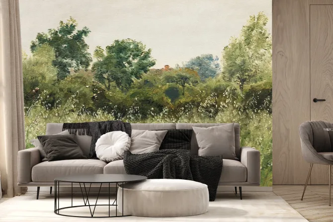 Fototapeta: Malowany leśny wzór z drzewami i trawami