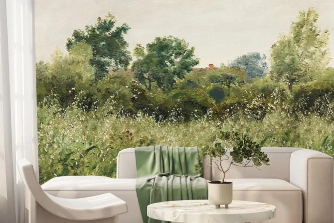 Fototapeta: Malowany leśny wzór z drzewami i trawami