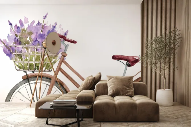 Fototapeta: Malowany rower z wrzosami w koszyku