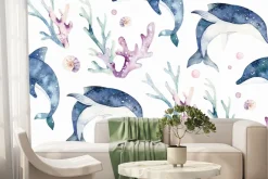 Fototapeta: Malowany rysunek z delfinami i rafą