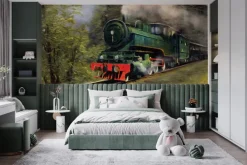 Fototapeta: Malowany wzór z pociągiem wśród lasu