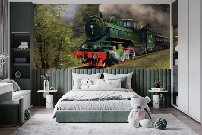 Fototapeta: Malowany wzór z pociągiem wśród lasu