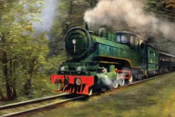 Fototapeta: Malowany wzór z pociągiem wśród lasu