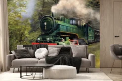 Fototapeta: Malowany wzór z pociągiem wśród lasu