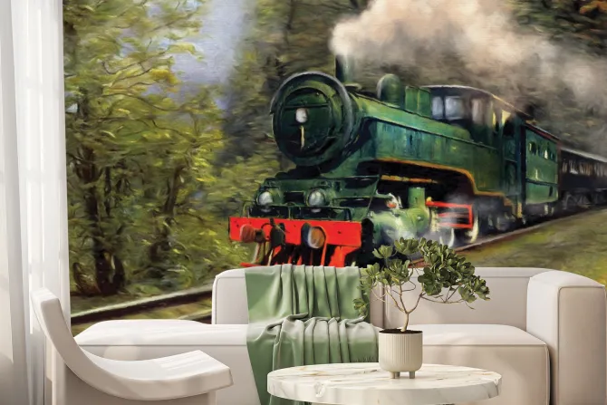 Fototapeta: Malowany wzór z pociągiem wśród lasu