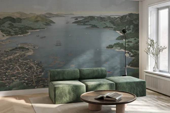 Fototapeta: Malownicze miasteczko nad morzem z górami w tle