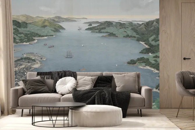 Fototapeta: Malownicze miasteczko nad morzem z górami w tle