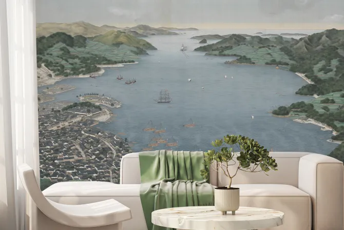 Fototapeta: Malownicze miasteczko nad morzem z górami w tle