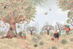 Fototapeta: Malowniczy las z roślinami i zwierzętami w stylu akwareli