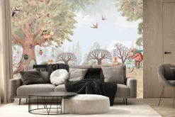 Fototapeta: Malowniczy las z roślinami i zwierzętami w stylu akwareli