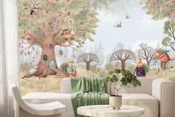 Fototapeta: Malowniczy las z roślinami i zwierzętami w stylu akwareli