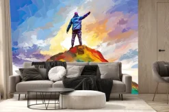 Fototapeta: Man with backpack standing on the top of mountain and enjoying