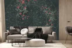 Fototapeta: Mandala na zielonym tle wśród róż