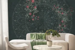 Fototapeta: Mandala na zielonym tle wśród róż