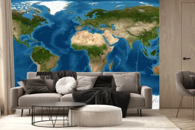 Fototapeta: Mapa fizyczna świata na tle zdjęcia satelitarnego