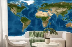 Fototapeta: Mapa fizyczna świata na tle zdjęcia satelitarnego