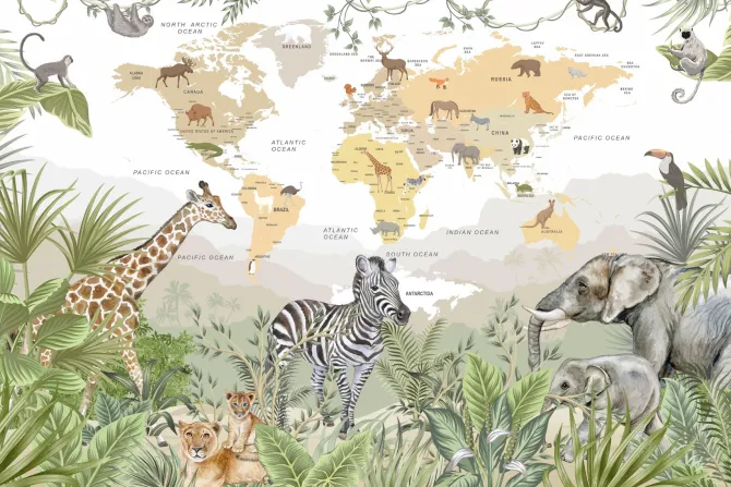 Fototapeta: Mapa świata dla dzieci ze zwierzętami