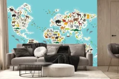 Fototapeta: Mapa świata dla dzieci cartoon zwierząt i dzieci, zwierzęta z