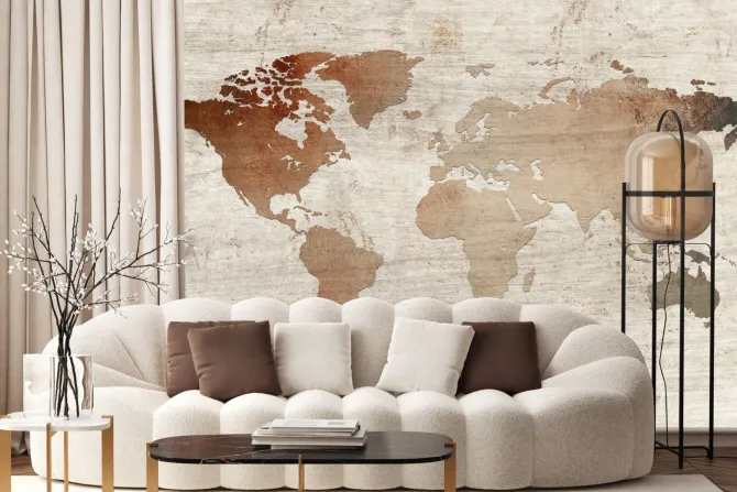 Fototapeta: Mapa świata na drewnianym tle rustykalny design