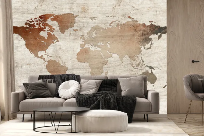 Fototapeta: Mapa świata na drewnianym tle rustykalny design