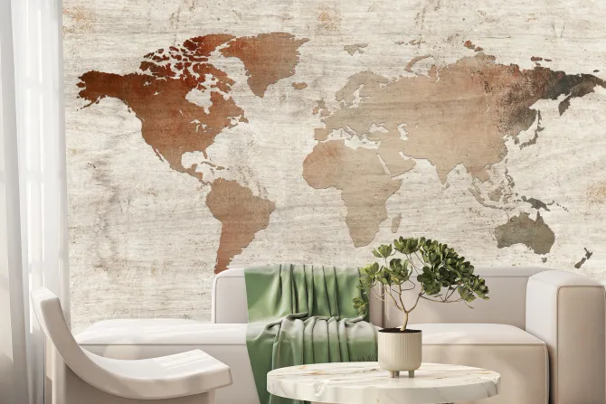 Fototapeta: Mapa świata na drewnianym tle rustykalny design