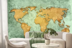 Fototapeta: Mapa świata na zielonej betonowej ścianie