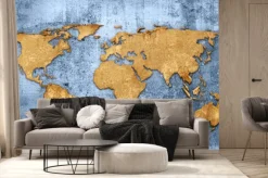 Fototapeta: Mapa świata na niebieskiej betonowej ścianie