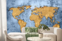 Fototapeta: Mapa świata na niebieskiej betonowej ścianie