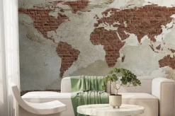 Fototapeta: Mapa świata z brązowej cegły na murze