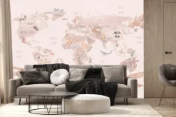 Fototapeta: Mapa świata z polarnym niedźwiadkiem i samolotami