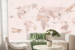 Fototapeta: Mapa świata z polarnym niedźwiadkiem i samolotami