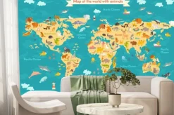 Fototapeta: Mapa świata ze zwierzętami dla dzieci