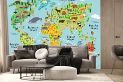 Fototapeta: Mapa świata ze zwierzętami w stylu rysunkowym