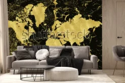 Fototapeta: Mapa świata ze złotawymi kontynentami na czarnym tle