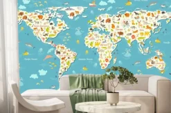 Fototapeta: Mapa świata ze zwierzętami i polskimi napisami