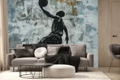 Fototapeta: Mężczyzna koszykarz z piłka na murze