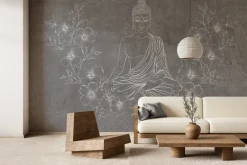 Fototapeta: Medytujący budda wśród kwiatów na teksturowym tle