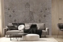 Fototapeta: Medytujący budda wśród kwiatów na teksturowym tle