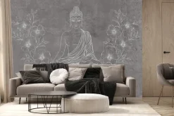 Fototapeta: Medytujący budda wśród kwiatów na teksturowym tle