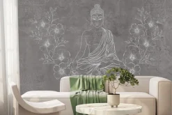 Fototapeta: Medytujący budda wśród kwiatów na teksturowym tle