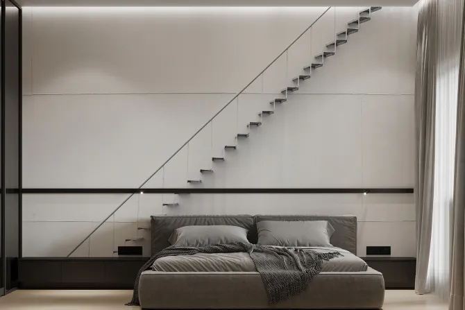 Fototapeta: Metalowe delikatne schody przy białej ścianie