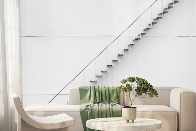 Fototapeta: Metalowe delikatne schody przy białej ścianie