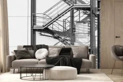 Fototapeta: Metalowe zewnętrzne schody na białej ścianie