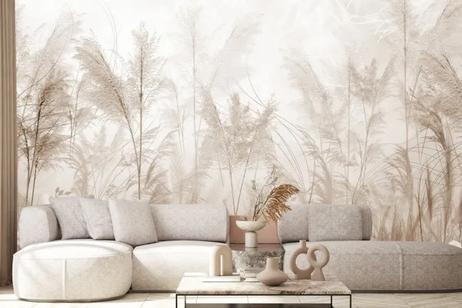 Fototapeta: Mglista łąka kwiaty polne w odcieniach beżu