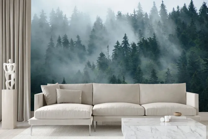 Fototapeta: Mglisty krajobraz lasu w stylu retro